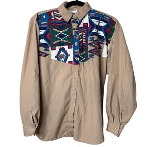 Tap & Co. Vintage Button Down Long Sleeve Aztec Print Made in USA 80s Size M